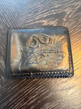 Handmade Black Leather Wallet With Embossed Floral Design & Stitched Edges